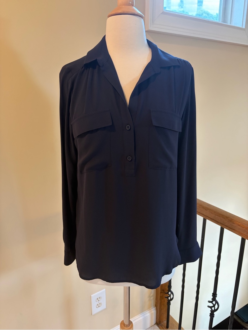 Ann Taylor Navy Button-Front Long Sleeve Blouse